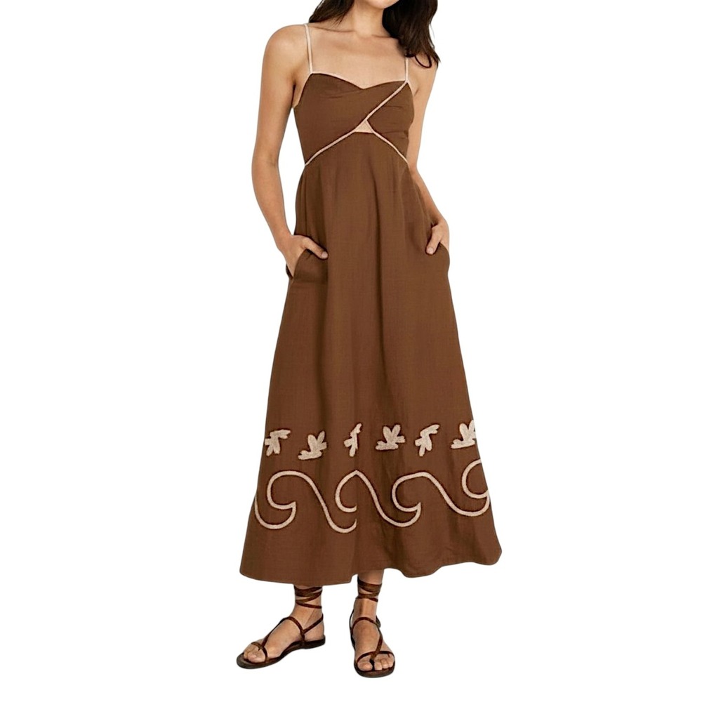 Mon Renn Maxi Dress XS Fesco Brown Linen Embroidered Cutout Boho Australian 50"
